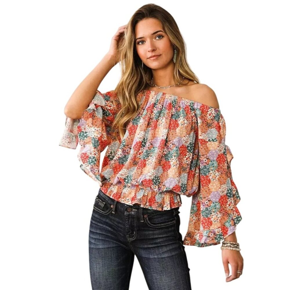 Willow + Root Blouse Size Medium Floral Patchwork Off The Shoulder Bohemian Chic